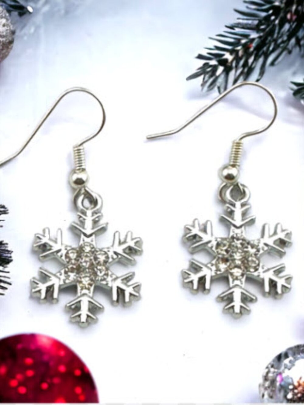 Snowflake Earrings Silver Tone Rhinestone Dangle Christmas Winter Holiday